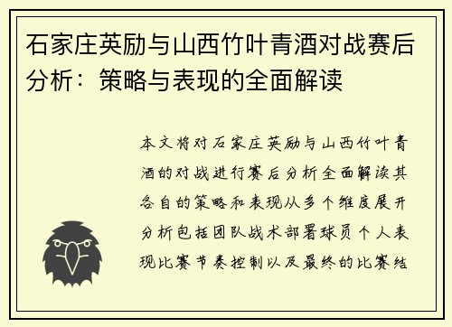 石家庄英励与山西竹叶青酒对战赛后分析：策略与表现的全面解读